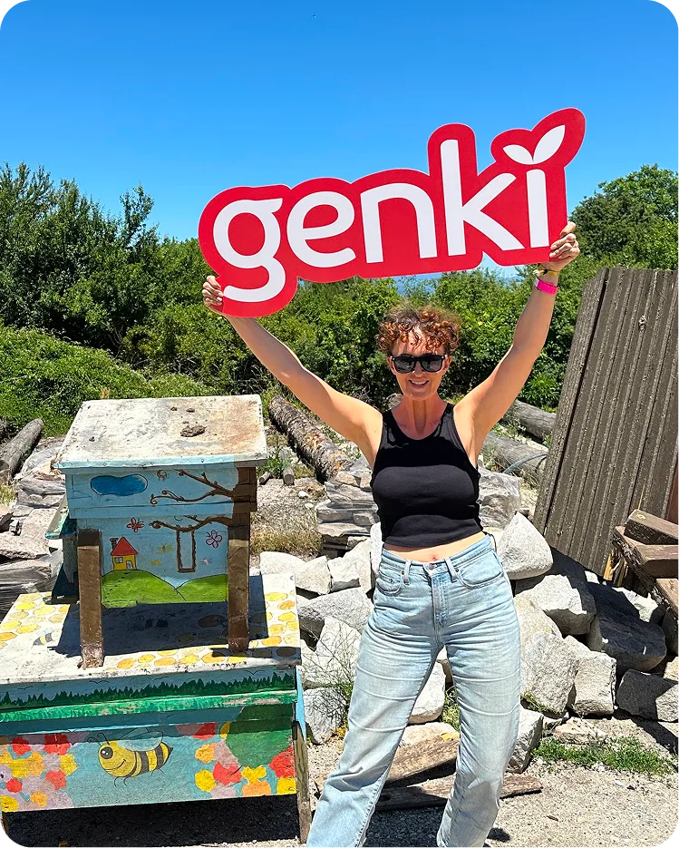 Sarah with a Genki sign